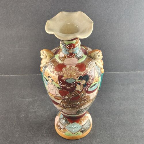 Asian Satsuma Vase Japanese 10" Hand Painted Immortals Foo Dog Pottery Vintage
