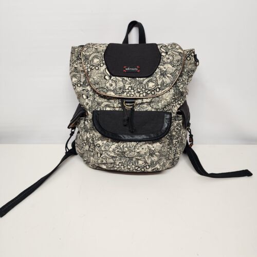 Sakroots Black White Flap Backpack Drawstring Peace Pattern Cotton Leather Trim