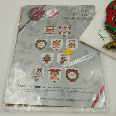 Set of 2 Counted Cross Stitch Kits Banner Christmas Ornaments & Right Track Kit