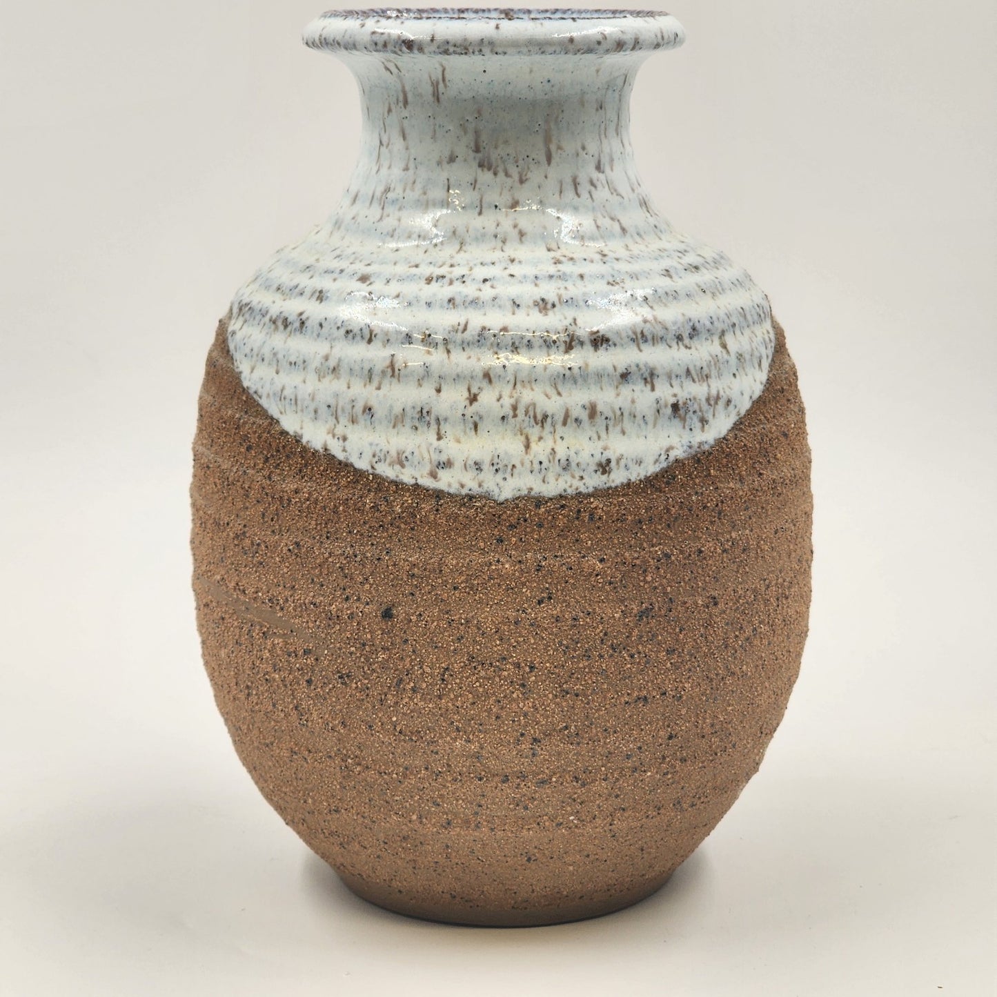 Hand Made Studio Pottery Vase 8.5"h Brown Ringed Clay Glazed Upper and Inside