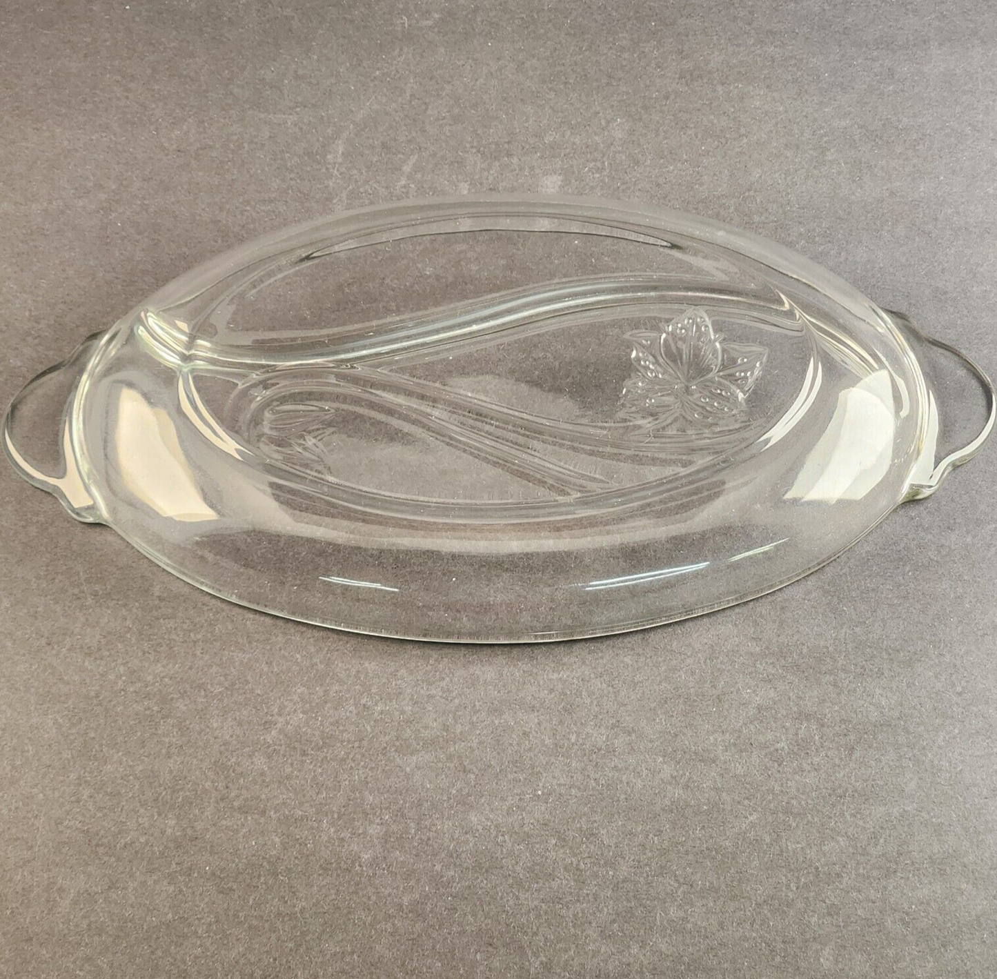13" Oval 2 Section Relish Dish Clear Glass Frosted Leaf Anchor Hocking Vintage