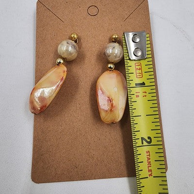 Set 2 Pierced Earrings Yellow Discs w Rhinestones & Marbled Bead Gold Tone Drop