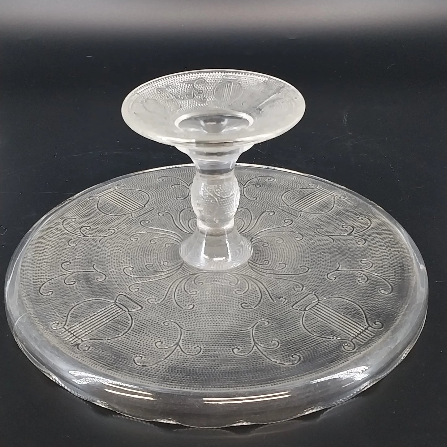 Vintage Jeannette Glass Pedestal Cake Stand Harp Pattern Clear
