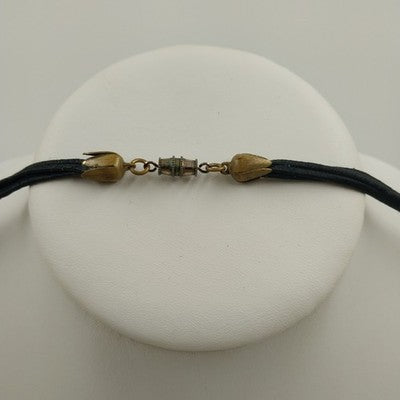 White Glass Beads w Gold Tone & Black Disks in Black Cording Long Necklace 15"