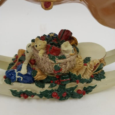 Christmas Holiday Decoration Musical Rocking Horse Basket of Toys Polyresin 12"