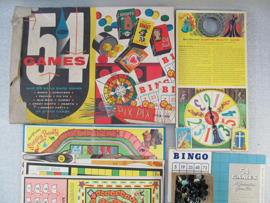 54 Game Lot 1960 Whitman Bingo Pachisi Sleeping Beauty AS IS for Parts