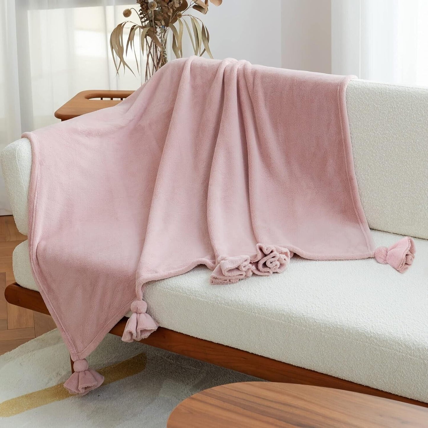 Amelie Home Velvet Throw Blanket with Knot Fringe Rose Pink 50" x 60"