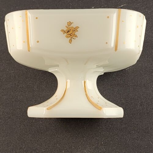 Milk Glass Wedding Box Candy Dish Pedestal Compote w Lid Gold Decorations Roses