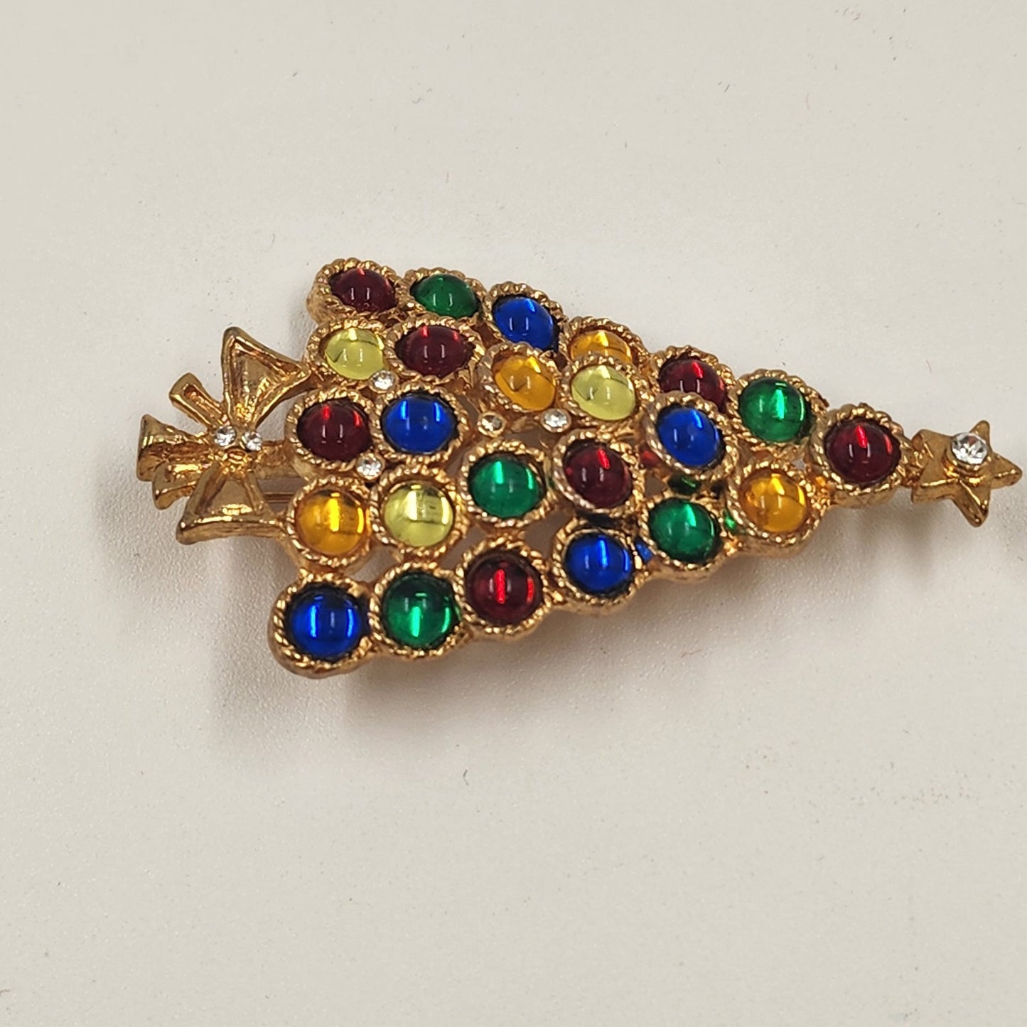 Christmas Tree Gold Tone Brooch w Multicolor Rhinestone Pin 2.5" Holiday Vintage