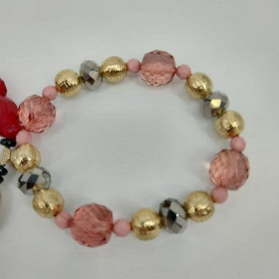 Set of 2 Bracelets Faux Pearl Multicolor Faceted Beaded w/ Gold Tone Stretch 7"