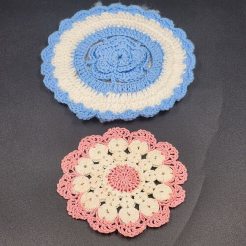 Lot of 2 Vintage Round Crochet Hot Pads Pot Holders Blue White & Pink