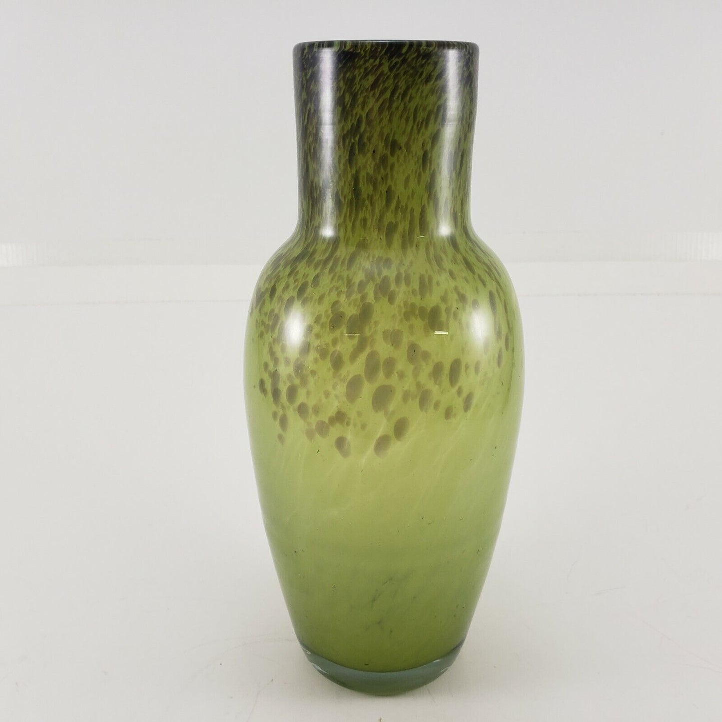 Hand Blown Speckled Splatter Art Glass Vase Green Stretched Pattern Heavy Piece