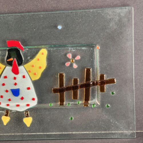 Fused Art Glass Chicken Barnyard Scene on Heavy Rectangle Large Platter 16½ x 9½