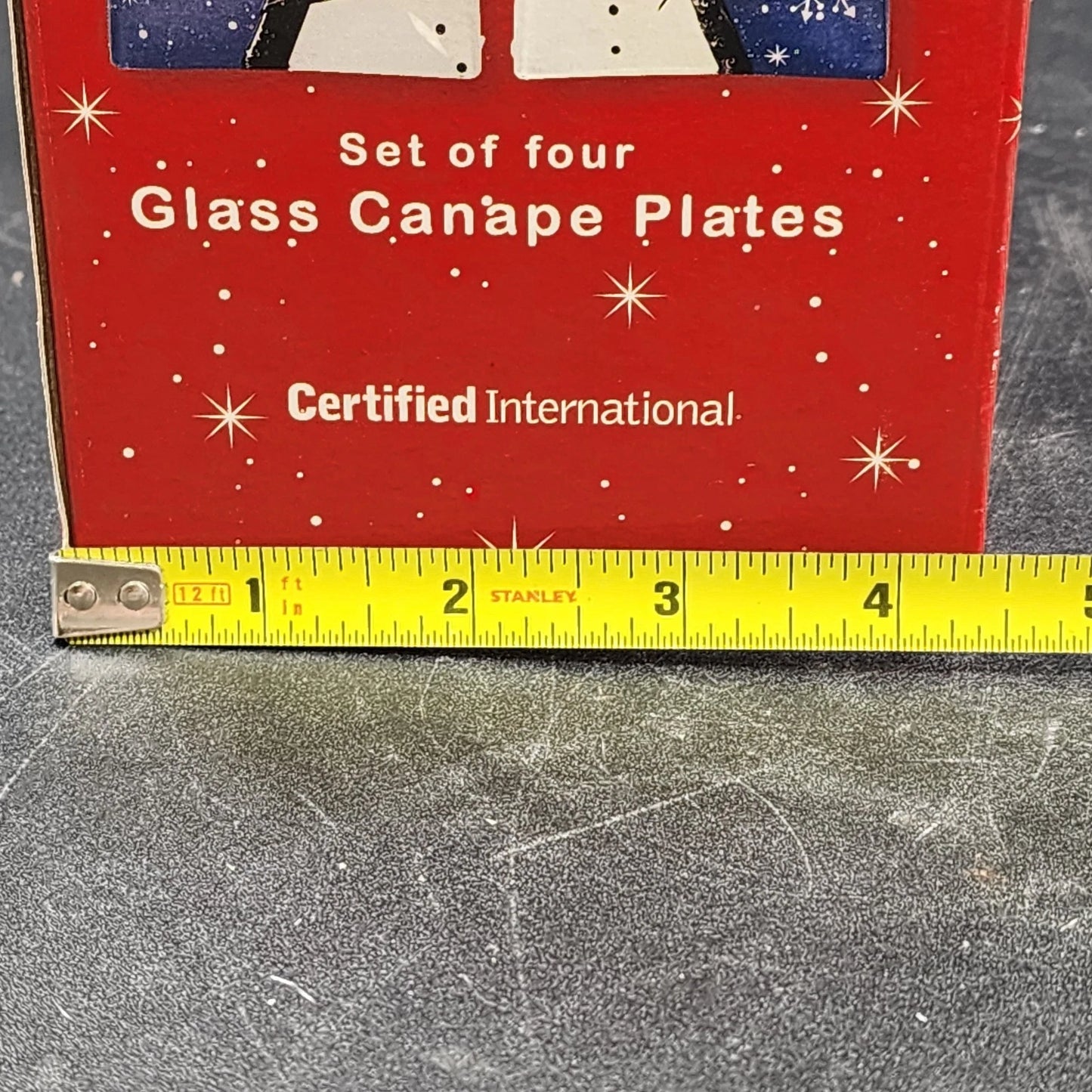 4 Snow Pals Glass Canape Plates Snowman Scenes 5.75" Sq Certified International