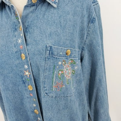 Christopher & Banks Denim Shirt Jacket Size Large Embroidered Long Sleeve Casual