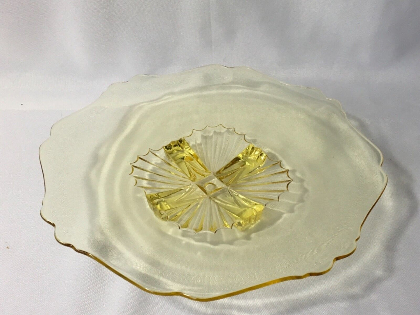 Lancaster Glass Shallow Round Bowl LAC18 Yellow Footed Pattern Edge Vintage 10½"