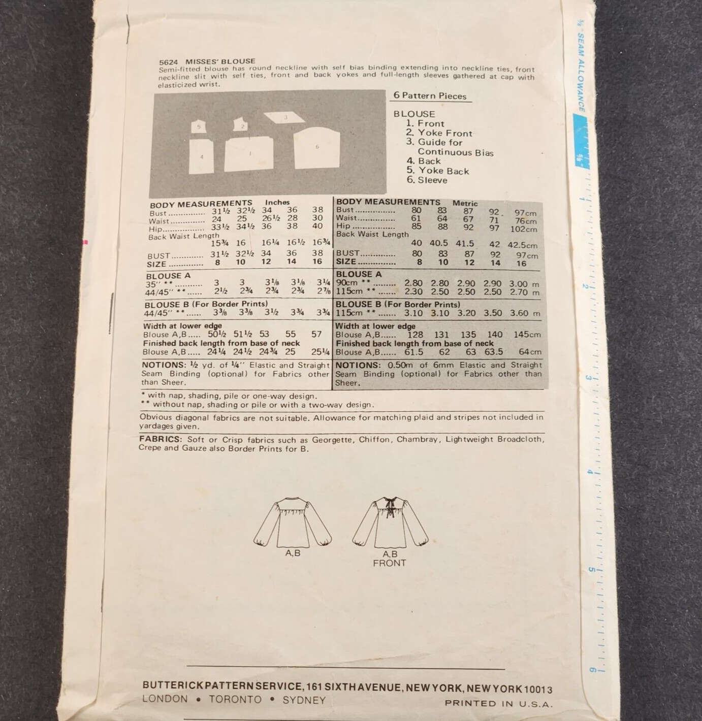 Butterick 5624 Vintage Sewing Pattern 1970's Misses Blouse/Shirt Top Size 14