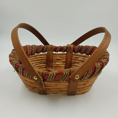 Wood Rattan Picnic Fruit Basket Swivel Handle Woven Red Rim 11x8.5"
