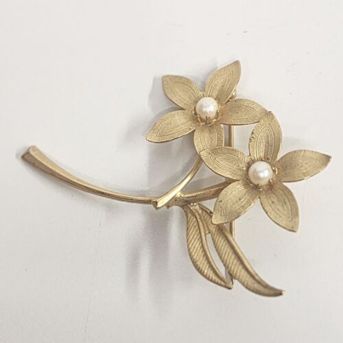 Gold Tone Flower Brooch with 2 Faux Pearls 2.5" x 2" Vintage