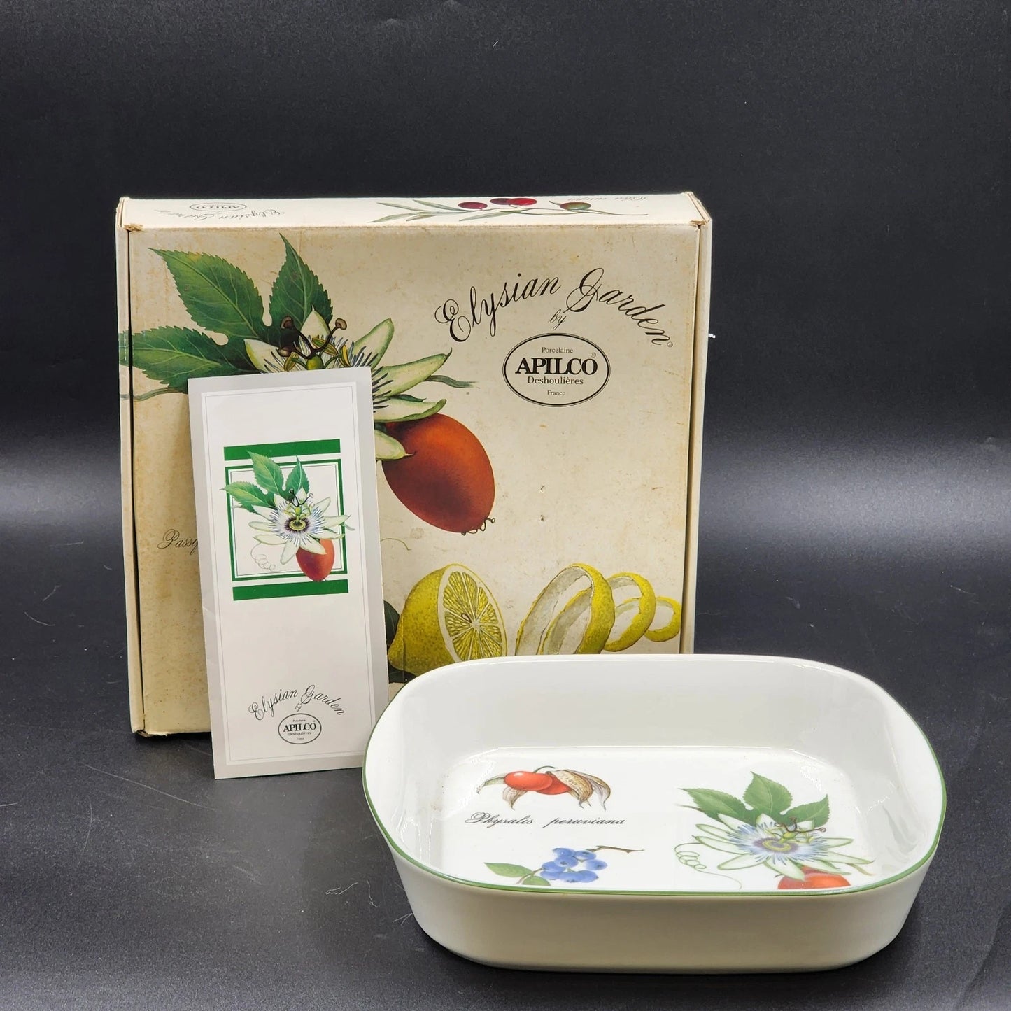 Apilco Elysian Gardens 11" Square Baker Roaster Porcelain Fruit Design France