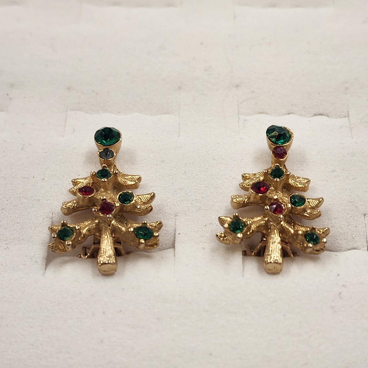 Christmas Tree Gold Tone Clip On Earrings Set w Red Green Rhinestones
