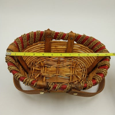 Wood Rattan Picnic Fruit Basket Swivel Handle Woven Red Rim 11x8.5"