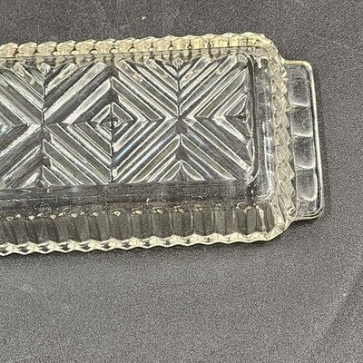 Clear Glass Relish Tray Dish X Pattern Ribbed Sawtooth Edges Handles 10" Serving