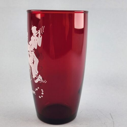 Anchor Hocking Ruby Red Hoe Down Water Glass Mountain Music Fiddle Banjo Vintage