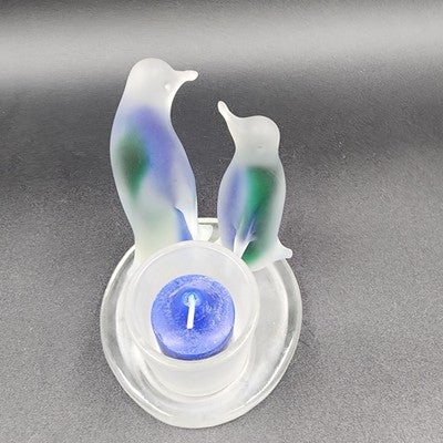 Partylite Frosted Glass Blue Green Two Penguin Candle Holder Votive Rack 5"x3.5"