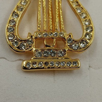 Gold Tone Music Instrument Harp with Rhinestone Brooch Lapel Pin 1.25" Vintage