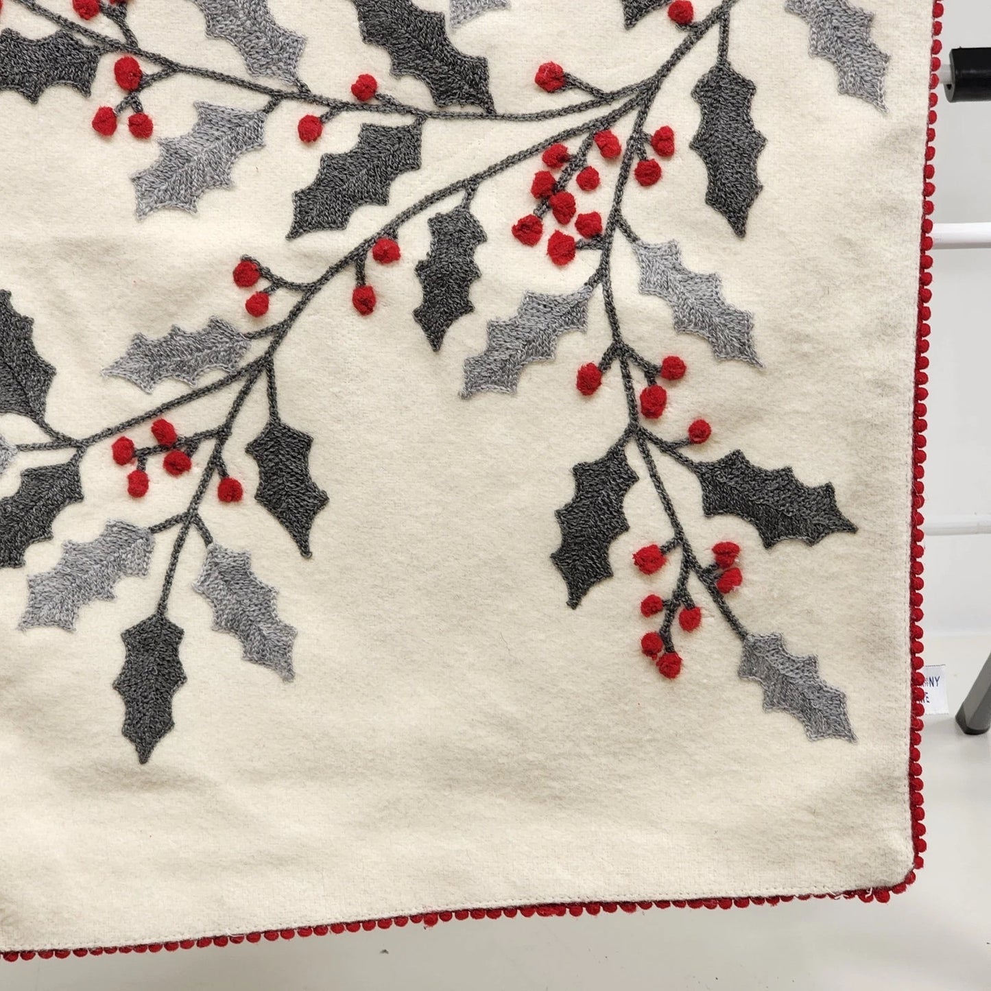 Artisan NY Home Table Runner Holly Bough Embroidered Red Trim 72"x18" Holiday