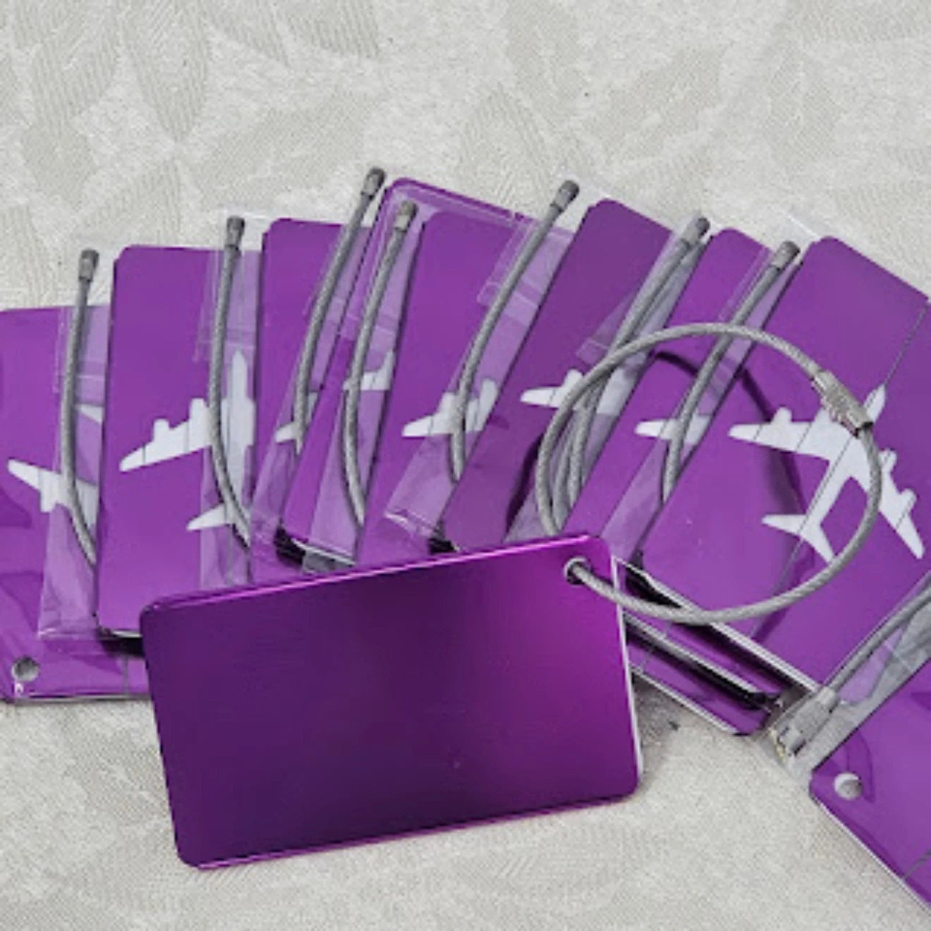 10pc Aluminum Luggage Tags Purple Airplane Design, 3x1.5, Cable Loop Lock NOS
