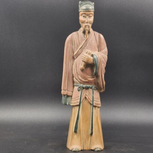 Pair of Asian Chinese Hand Carved Painted Wood Figurine Statues Vintage 14"
