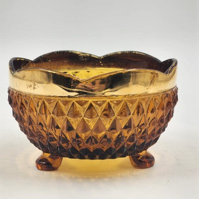 Indiana Glass Amber Diamond Point Three Foot Scalloped Gold Candy Dish Bowl 1970