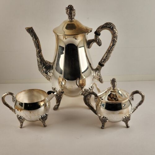 Coffee Server Set Silver Plate Grapevine Pattern with Sugar Creamer Vintage NOS