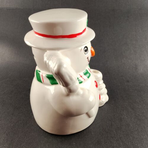Russ Berrie Ceramic Snowman Coin Penny Bank White Red Rubber w Stopper Christmas