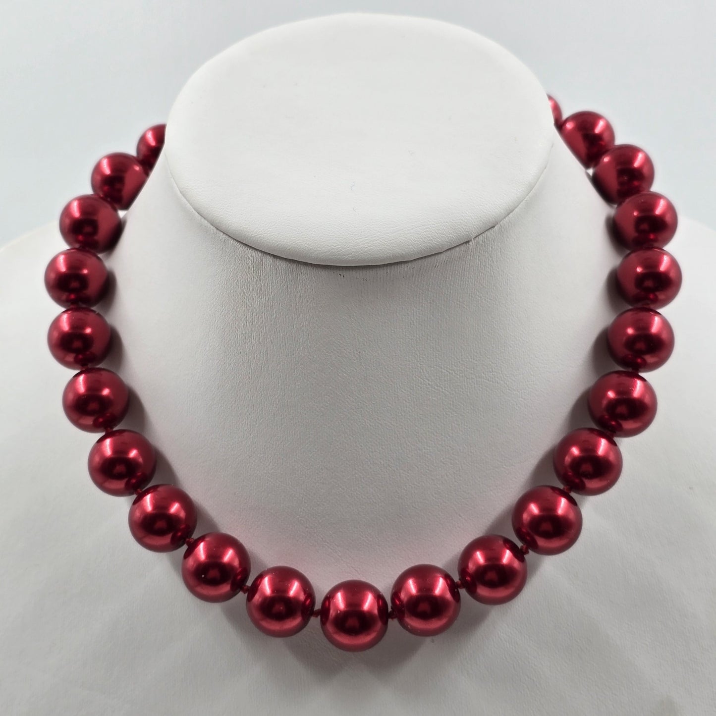Deep Red Glass Faux Pearl Chocker Beaded in Silver Tone Statement Necklace 8.5"