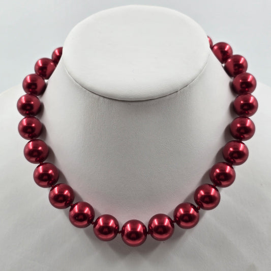 Deep Red Glass Faux Pearl Chocker Beaded in Silver Tone Statement Necklace 8.5"