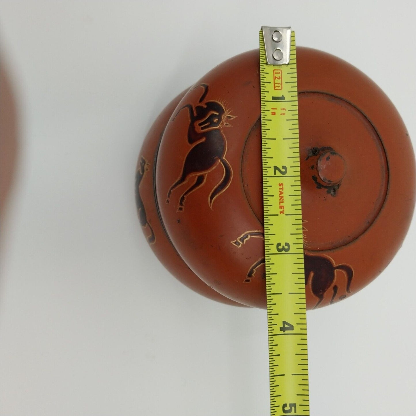 Brown Burmese Lacquerware Lidded Storage Container Hand Painted Horse's