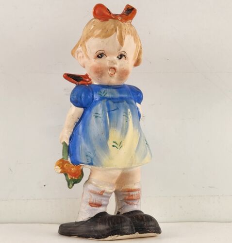 Porcelain Girl Figurine Carrying Flowers with Daddy's Slippers Unmarked 5" 1950s
