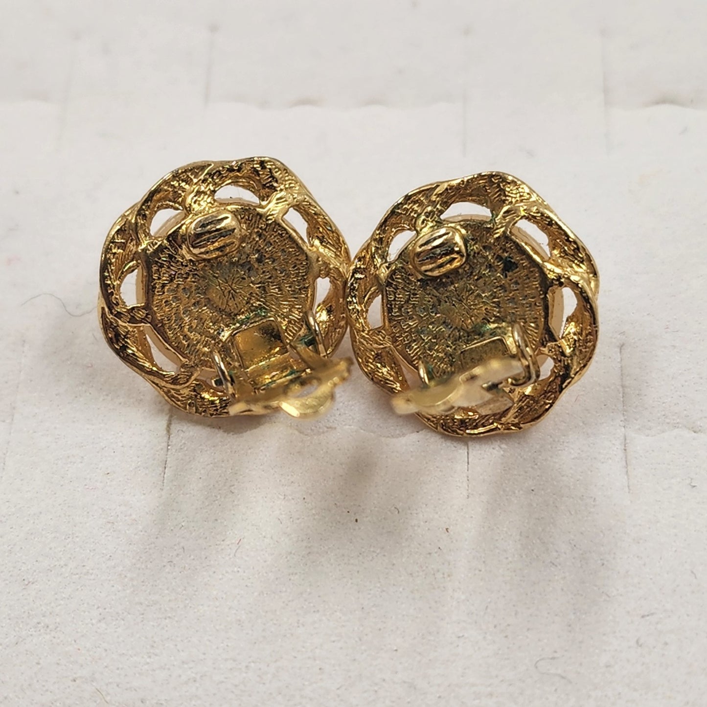 Gold Tone Clip Earring with White Faux Pearl Half Dome & Twist Design 0.5”