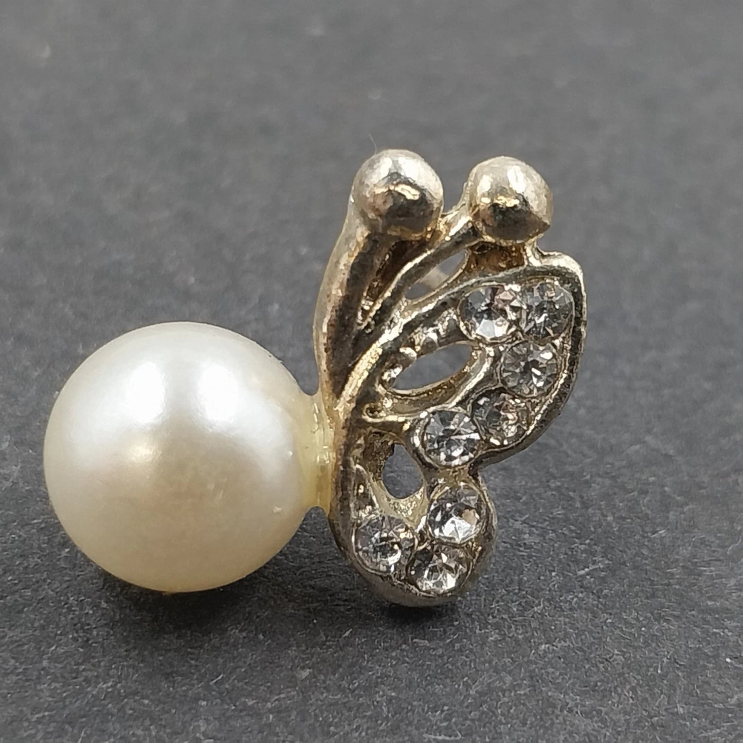 Faux Pearl Butterfly Wing Stud Earrings Gold Tone with Rhinestones Vtg Jewelry