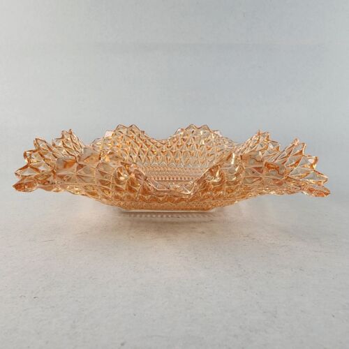 Candy Dish Indiana Glass Peach Color Diamond Point Ruffle Edge 6.5" Sq