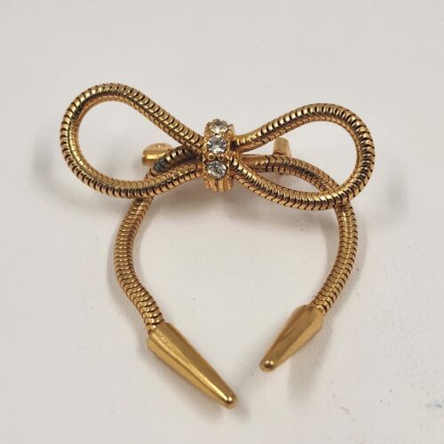 Gold Tone Mesh Rope Bow Brooch with Rhinestones & Tassels 1.5" Wide Vintage