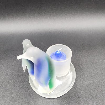 Partylite Frosted Glass Blue Green Two Penguin Candle Holder Votive Rack 5"x3.5"