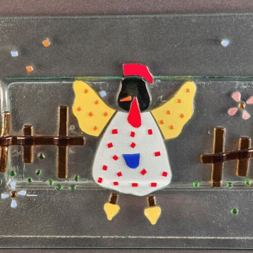 Fused Art Glass Chicken Barnyard Scene on Heavy Rectangle Large Platter 16½ x 9½