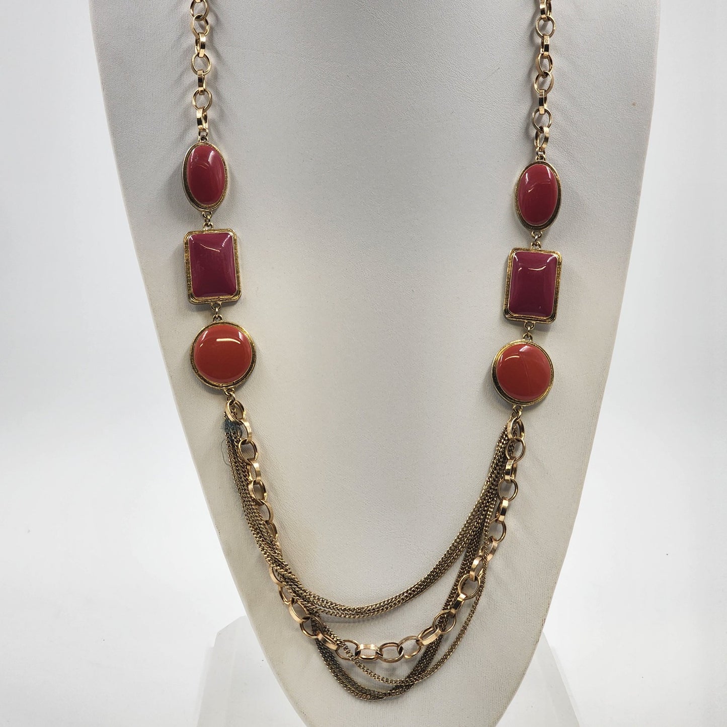 Gold Tone Chain Necklace Peach Color Round Oval & Rectangle Stone Inserts 18”