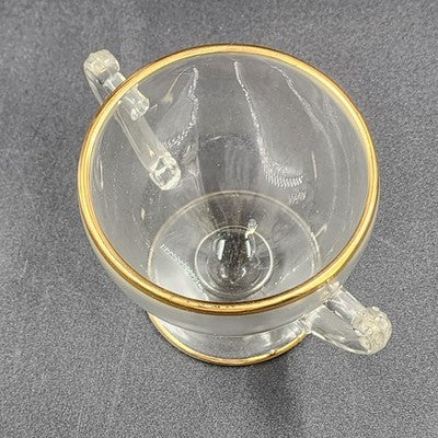 Crystal Clear Glass Sugar Bowl & Creamer 3.25" Gold Gilt Rim Scroll Handle