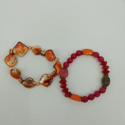 Set of 2 Bracelet Orange Marbled Red Faceted Faux Pearl Beaded with Gold Tone 7"