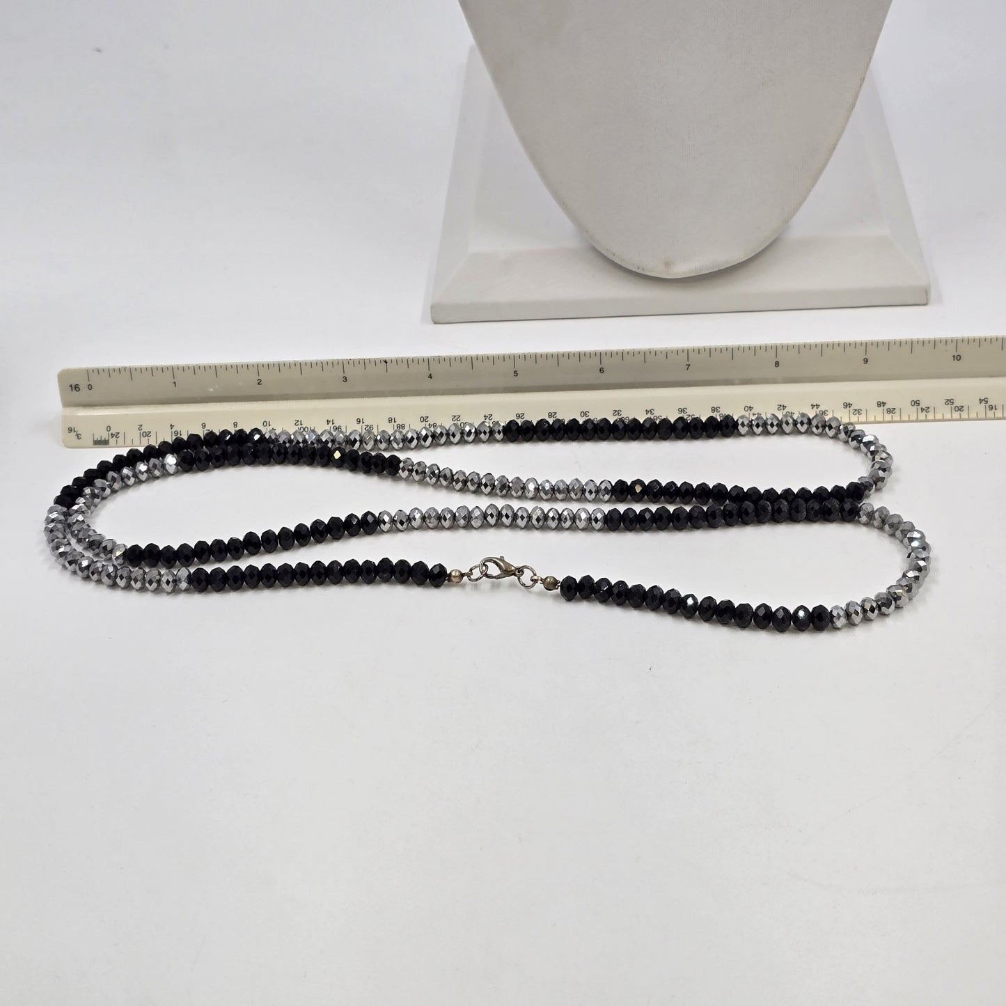 Jewelry Necklace Black Silver Tone Faceted Crystal Rondelle Faux Pearl Beads 20"